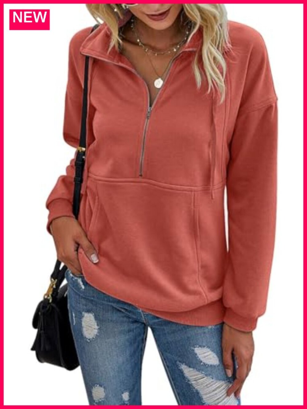 Women's Half Zip Sweatshirt Long Sleeve Pullover Pocket Loose Fit